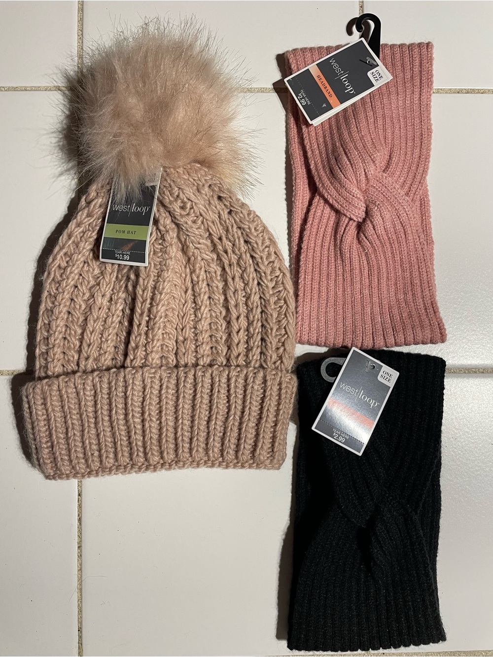 west loop Knit Pom Beanie with Headbands - Blush, Light Pink & Black